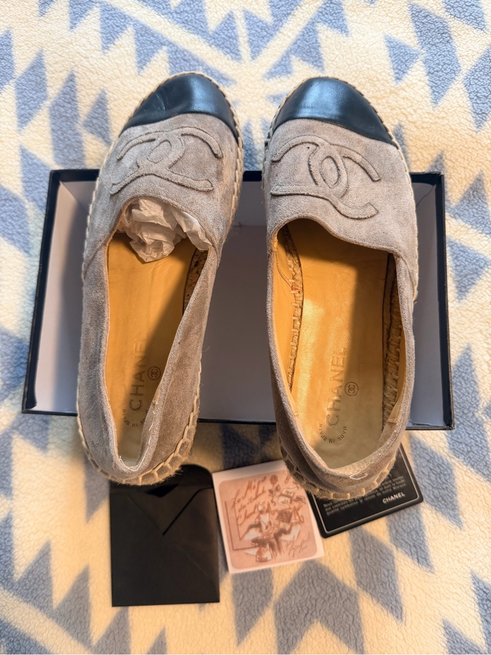 CHANEL Taupe Suede Espadrille Flats with Black Leather Cap Toe